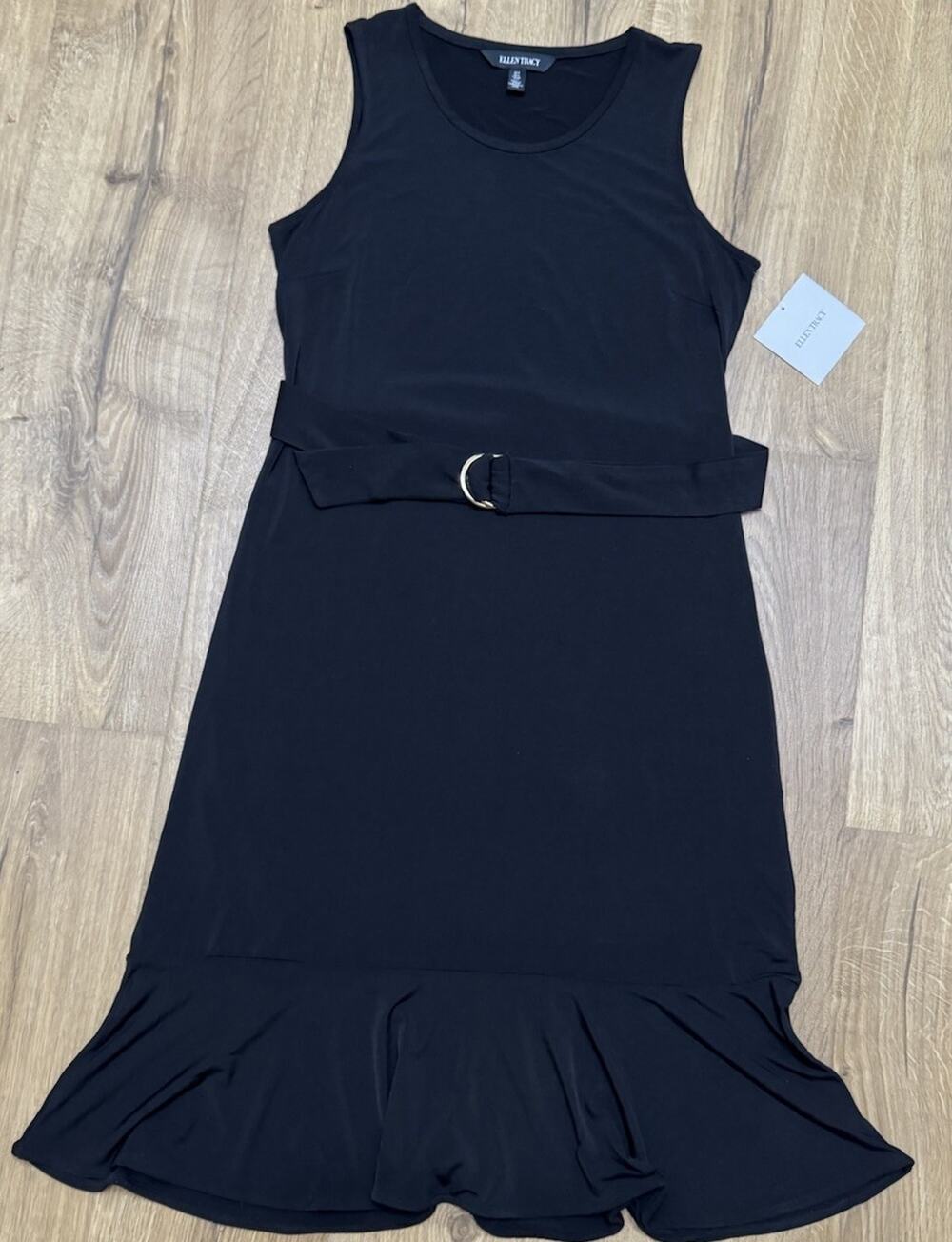 Ellen Tracy Dress Women’s Size Small Sleeveless Black Belted Midi Stretchy NEW